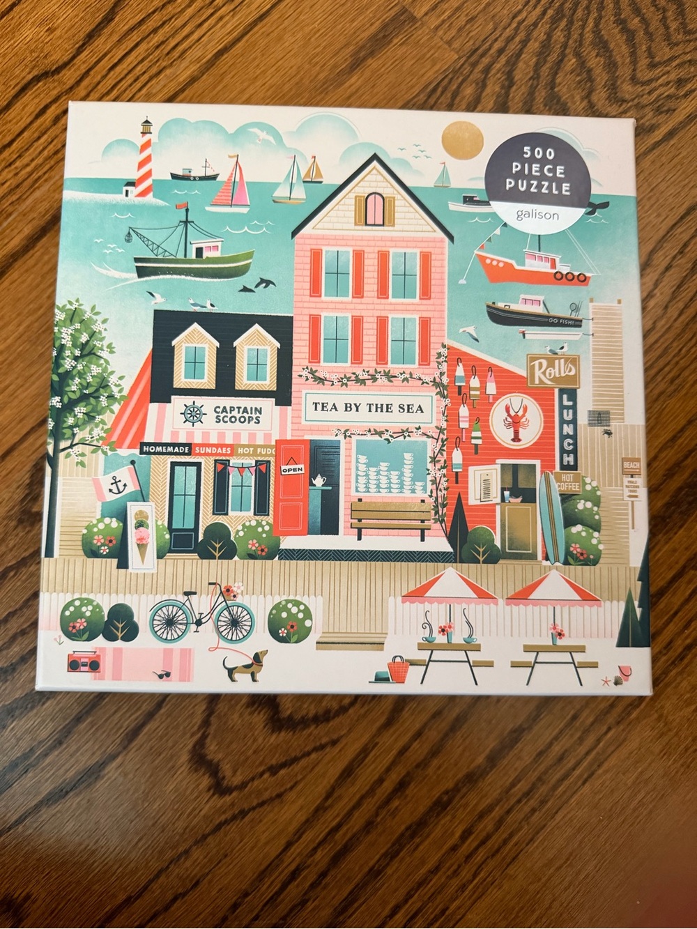 Tea by the Sea 500-Piece Puzzle - Pink & Teal Coastal Village by Galison